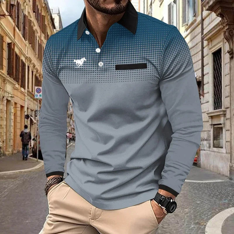 Camisa Polo Estampada Digital 3D Hombre Manga Larga Casual