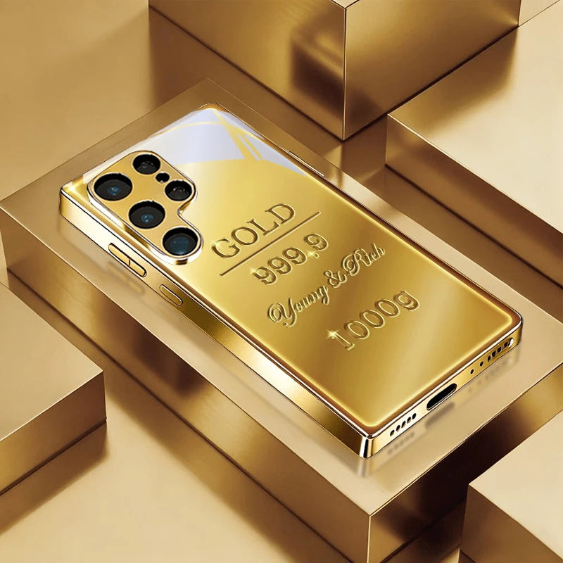 Luxurious gold phone case with bar design, compatible with smartphones, featuring elegant, shiny finish and premium craftsmanship.