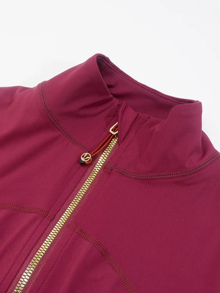 Chaqueta de yoga para mujer con cremallera dorada, chaqueta deportiva con cuello alto, top adelgazante para fitness