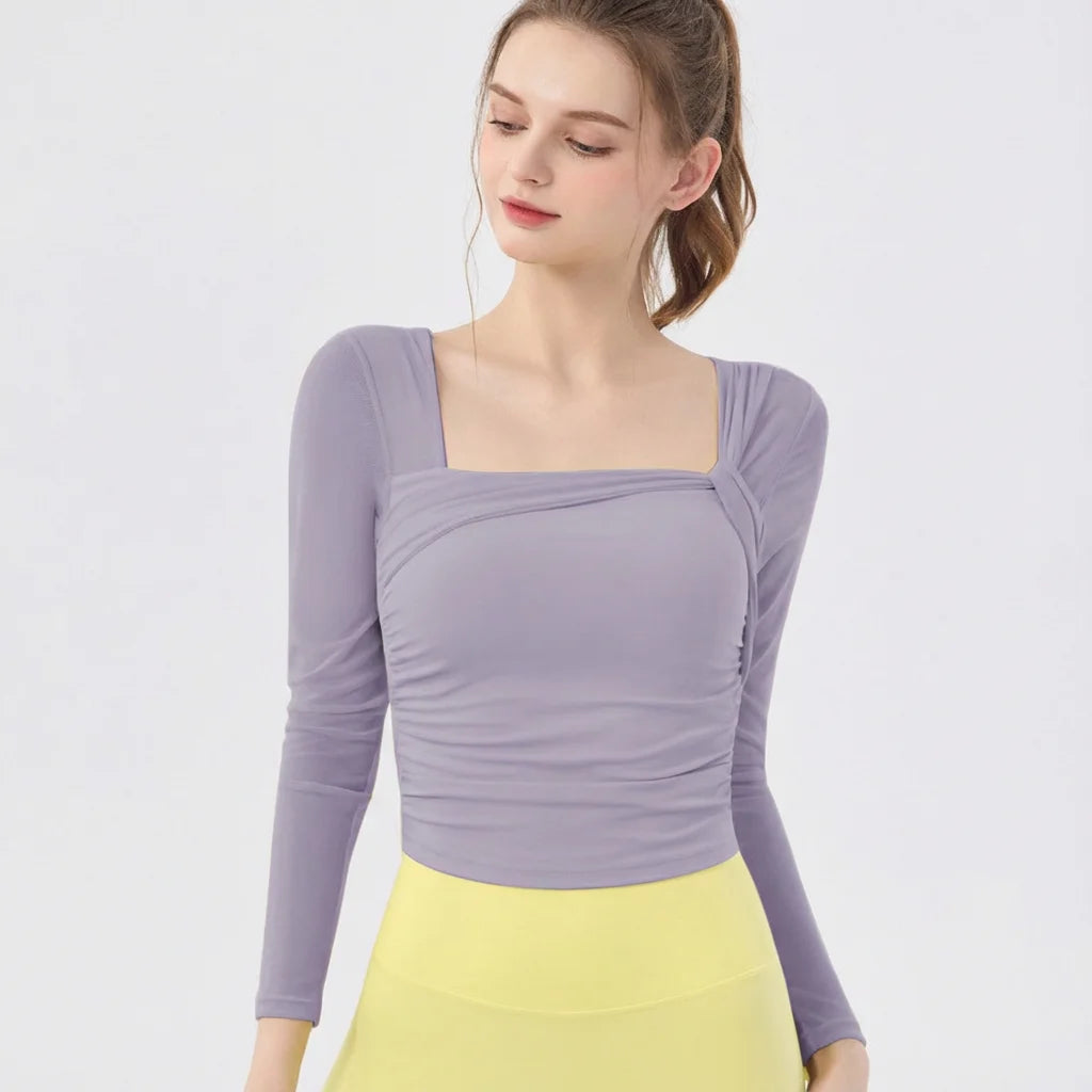 Camiseta Yoga Malla Mujer Manga Larga Acolchada - Top Corto Fitness