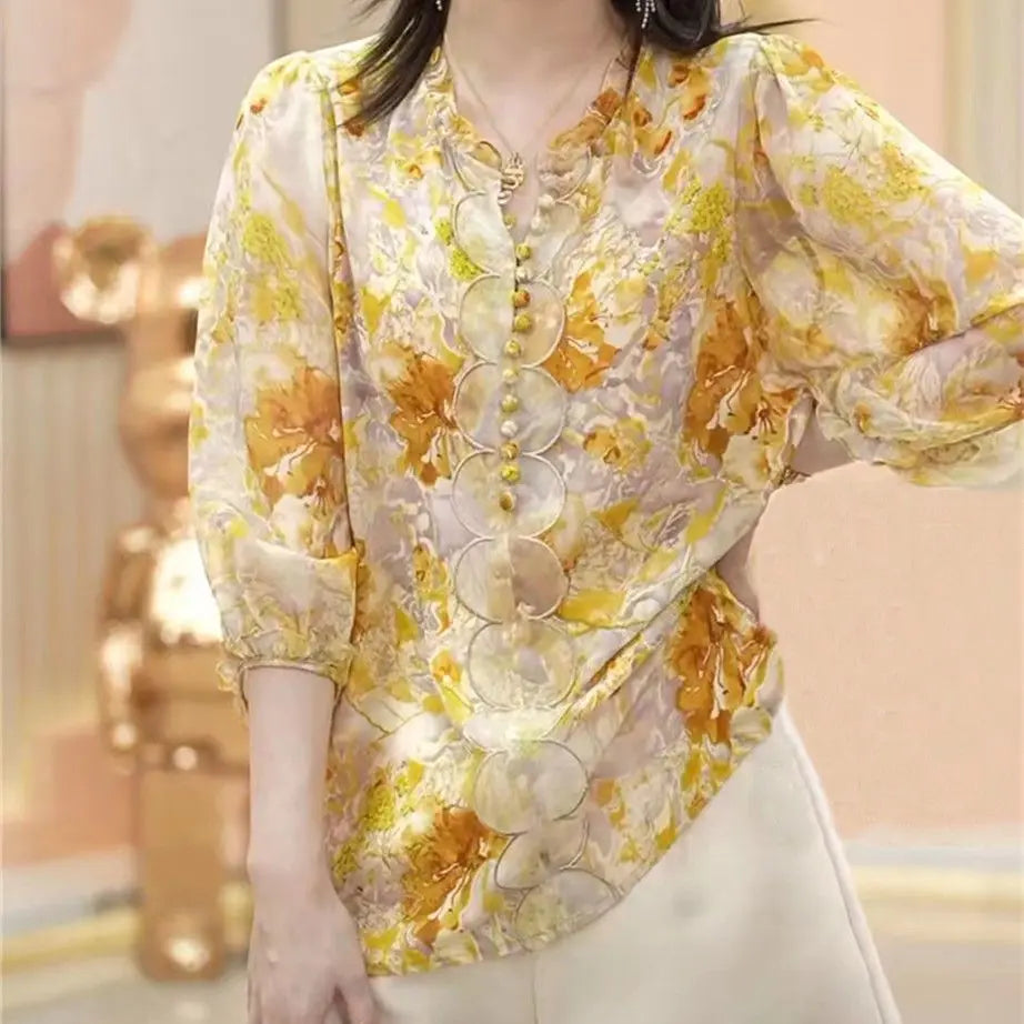 Blusa Floral Manga 3/4 Mujer: Estilo Juvenil y Fresco