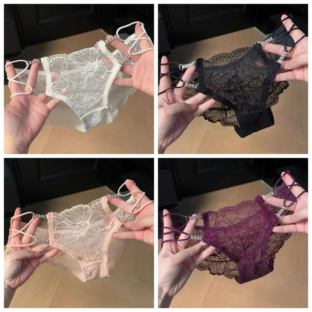 Low-rise breathable lace panties with a decorative front detail, designed for comfort and style.