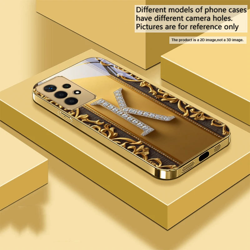 Golden crystal phone case with diamond accents, designed for a stylish and luxurious look on your mobile device.