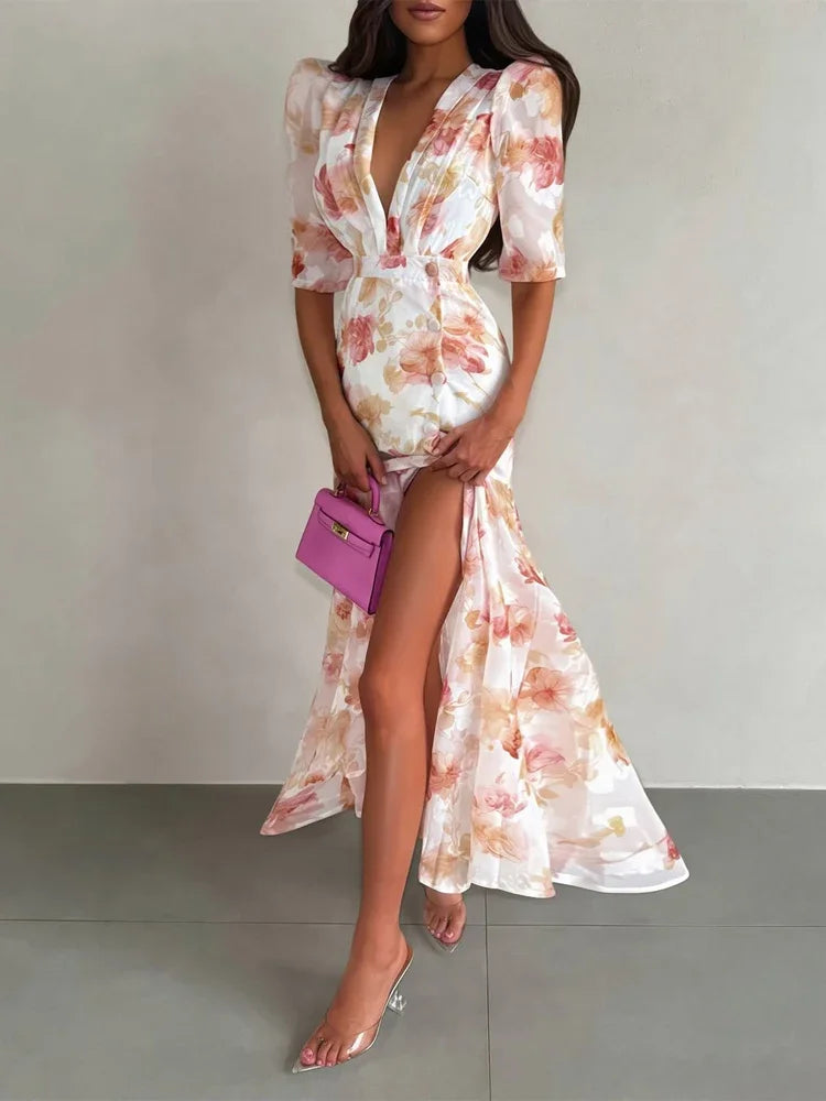 Vestido Largo Floral Volantes Cuello V Elegante Casual Verano Dama