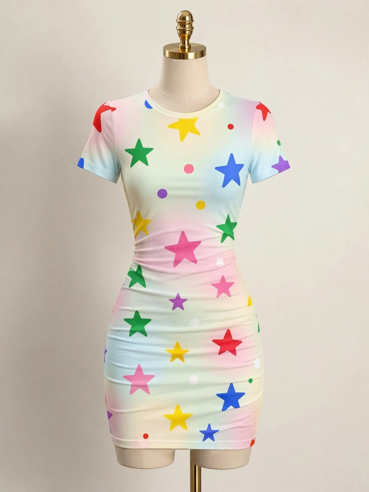 Black fitted women's mini dress with short sleeves and a high neckline, perfect for casual or night-out occasions.