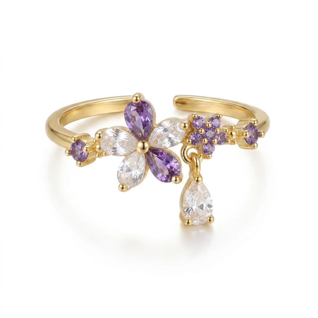Anillo Flor Circon Colorido Ajustable - Joyería Vintage para Mujer