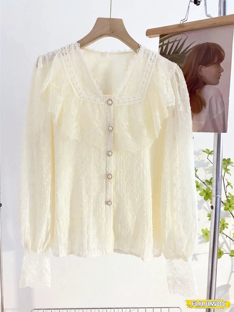 Blusa Blanca Volantes Elegante Manga Larga Mujer Oficina FLHJLWOC