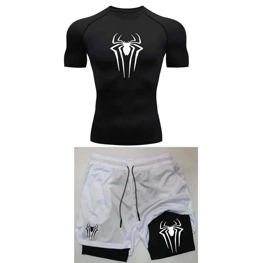 Conjunto de compresión de entrenamiento para hombre, camisetas de gimnasio con estampado de araña Y2K, pantalones cortos transpirables para correr, conjunto de ropa deportiva de secado rápido con protección contra sarpull