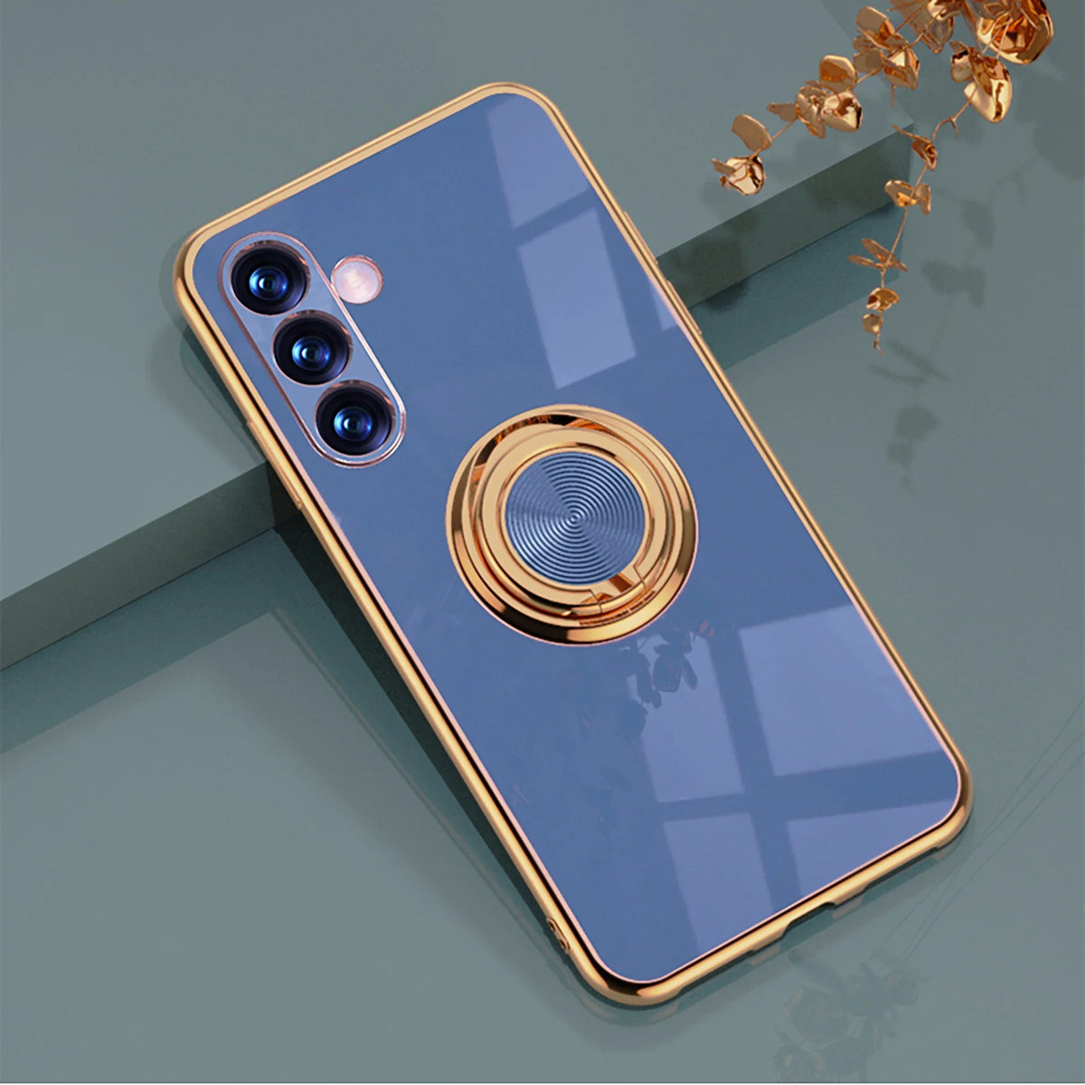 Samsung A56 A36 case with ring holder, gold-plated, featuring a sleek design and built-in ring support for hands-free use.