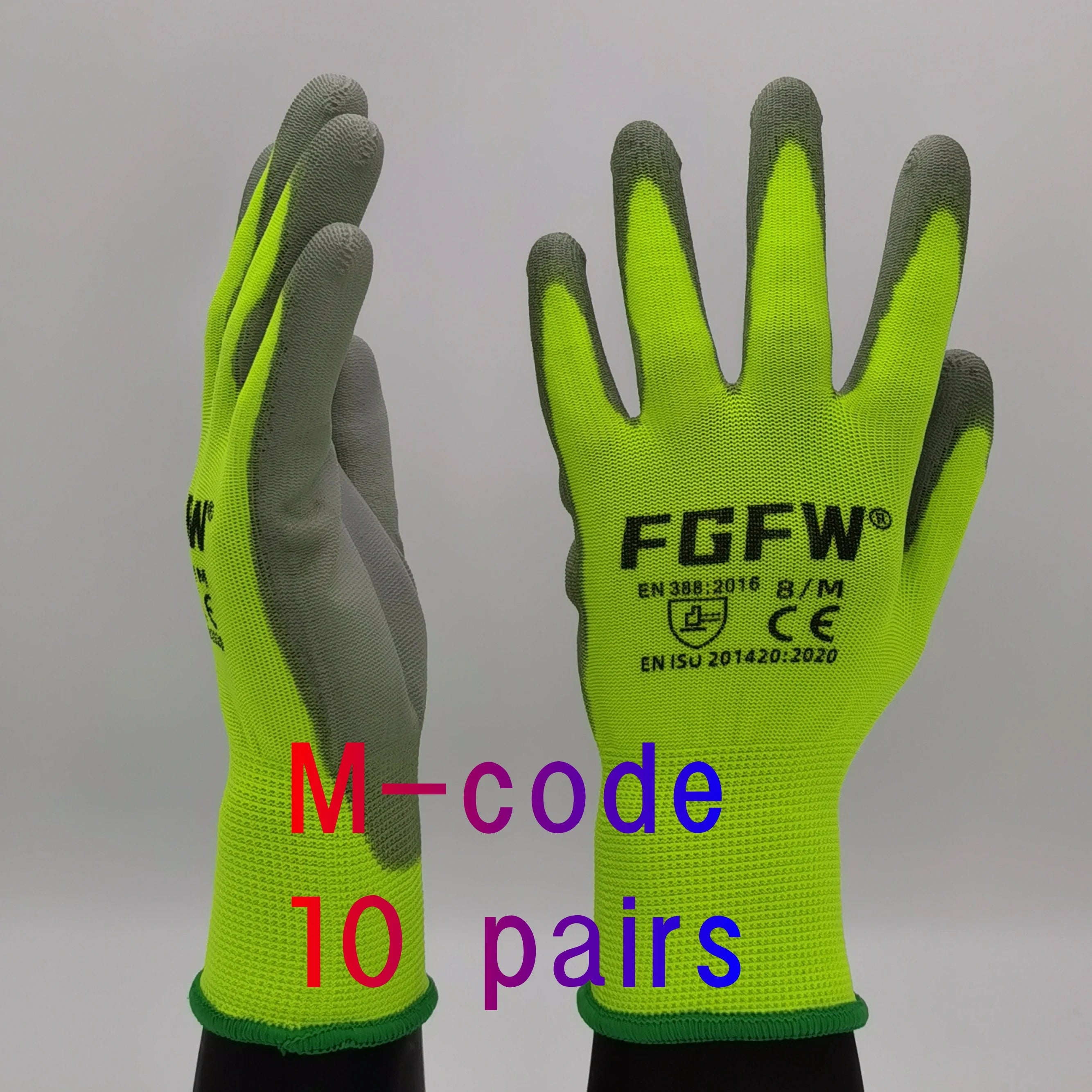 10 Pares Guantes Trabajo PU Certif. EN 388/ISO20471 Seguridad Tallas S-XL