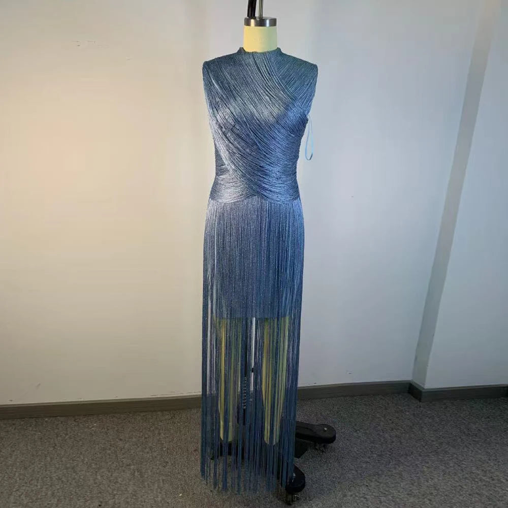 VGH Vestido Noche Azul Cuello Alto Flecos Midi Fiesta Elegante