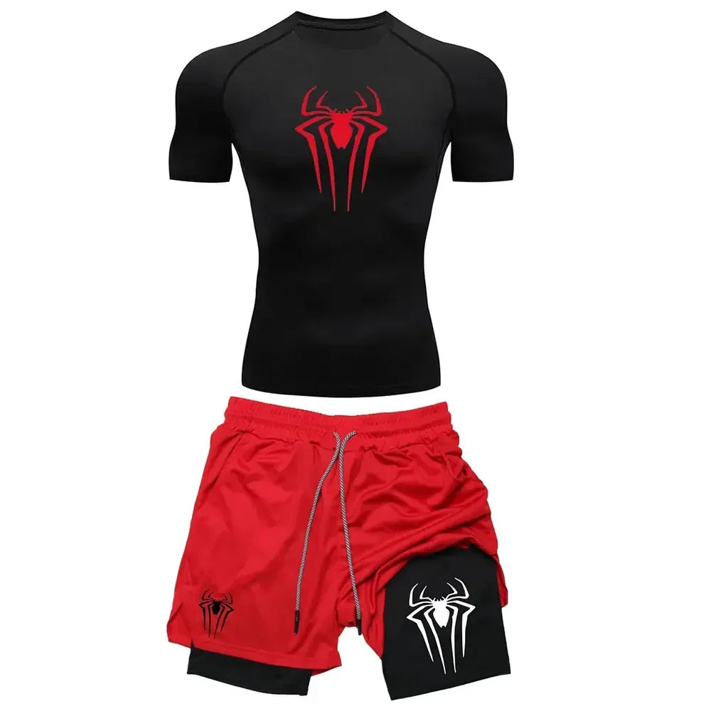 Conjunto de compresión de entrenamiento para hombre, camisetas de gimnasio con estampado de araña Y2K, pantalones cortos transpirables para correr, conjunto de ropa deportiva de secado rápido con protección contra sarpull