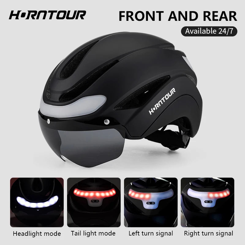 Horntour-casco de Bicicleta con luces LED, casco de Bicicleta de carretera de carreras para hombres y mujeres, deportes al aire libre, gorra de seguridad para Ciclismo profesional ﻿