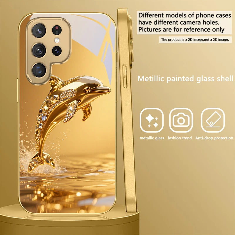 Gold dolphin phone case for Samsung Galaxy S20 FE, S21 Plus, S22, and S23 by Corporación Turística, featuring a shiny dolphin design.
