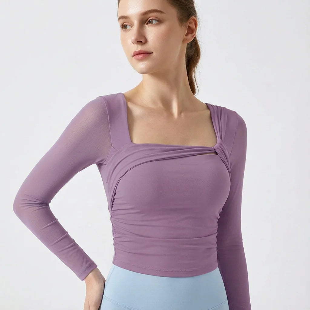 Camiseta Yoga Malla Mujer Manga Larga Acolchada - Top Corto Fitness