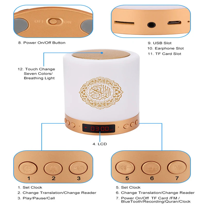 Altavoz Corán Azan Islámico con Bluetooth y Lámpara Nocturna