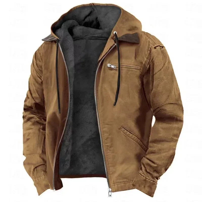 Chaqueta Invierno Hombre Lana Capucha Bolsillo Cremallera Cálida