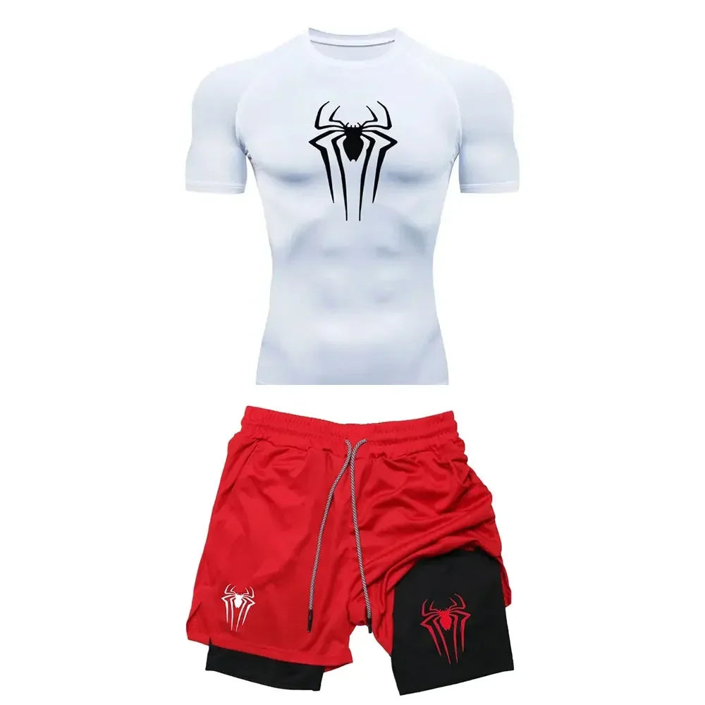 Conjunto de compresión de entrenamiento para hombre, camisetas de gimnasio con estampado de araña Y2K, pantalones cortos transpirables para correr, conjunto de ropa deportiva de secado rápido con protección contra sarpull