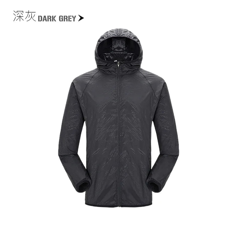Waterproof camping rain jacket for men and women by Corporación Turística, lightweight outdoor rainwear with hood.