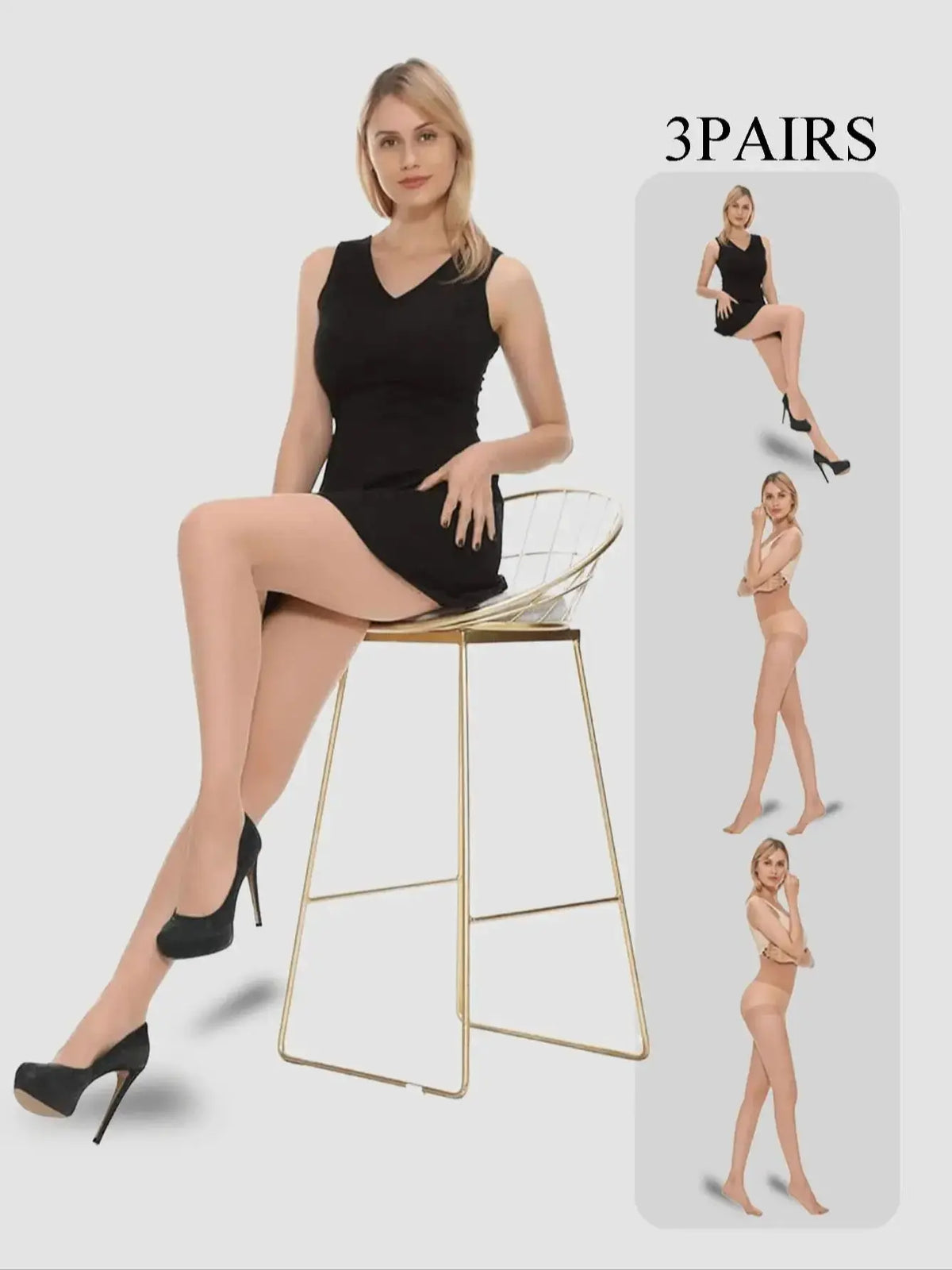 Three pairs of ultra-sheer nylon pantyhose for women from Corporación Turística, showcasing smooth, comfortable tights.