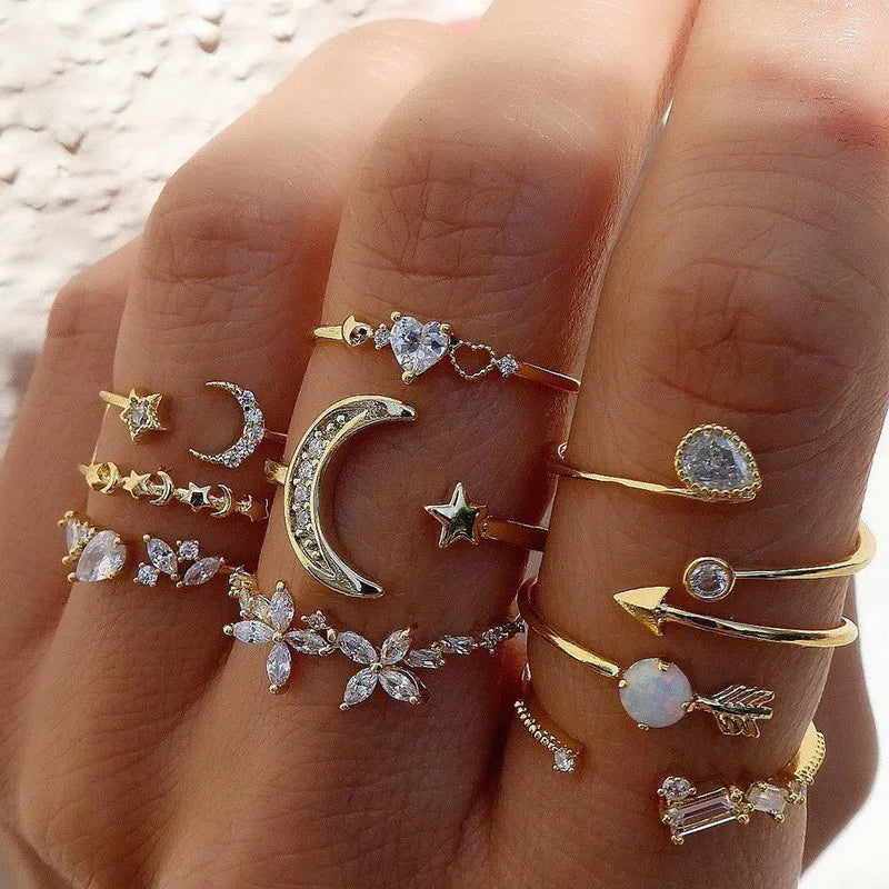 Conjunto Anillos Bohemios Circon: Modyle Oro 18K - Regalo Boda Mujer