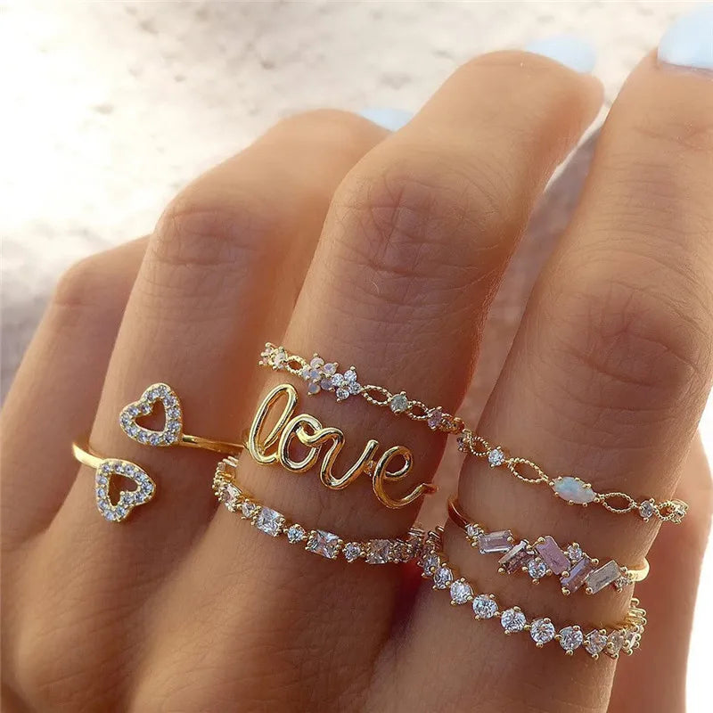 Conjunto Anillos Bohemios Circon: Modyle Oro 18K - Regalo Boda Mujer