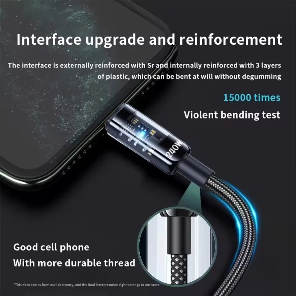 Cable USB C 240W Nylon LED Digital: Carga Súper Rápida Universal