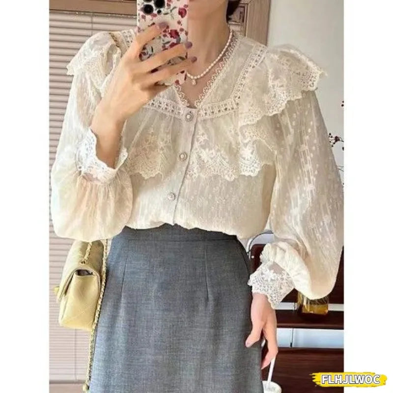 Blusa Blanca Volantes Elegante Manga Larga Mujer Oficina FLHJLWOC