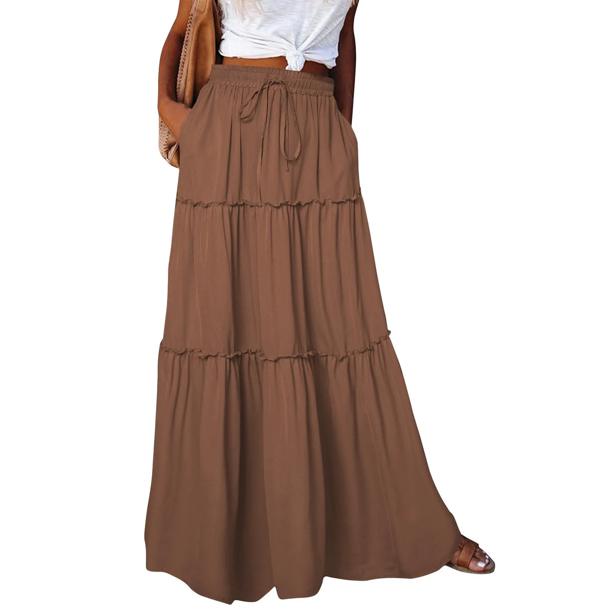 Long women's skirt with solid color and elastic waist, stylish and comfortable, shown in a product image.