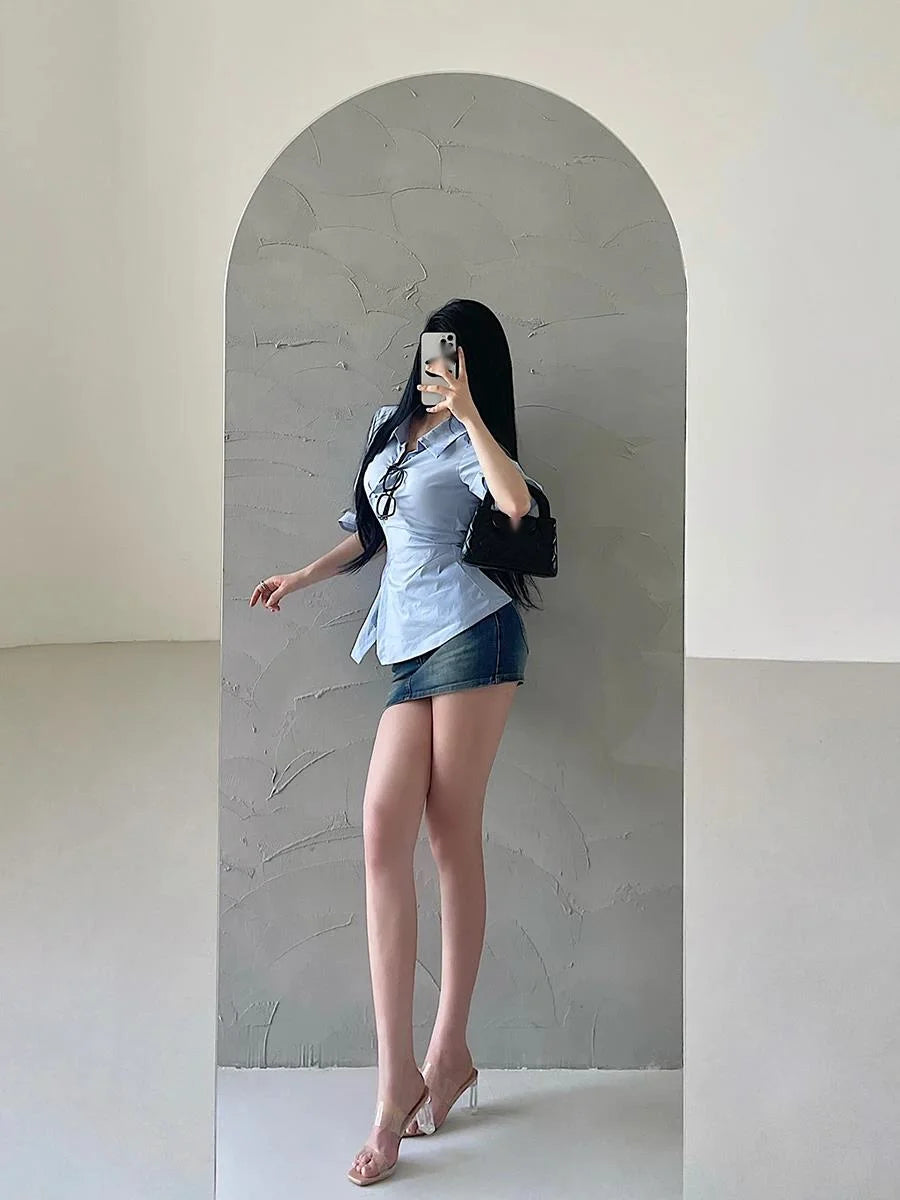 Women's safety denim mini skirt by Corporación Turística, featuring durable denim fabric and a stylish design.