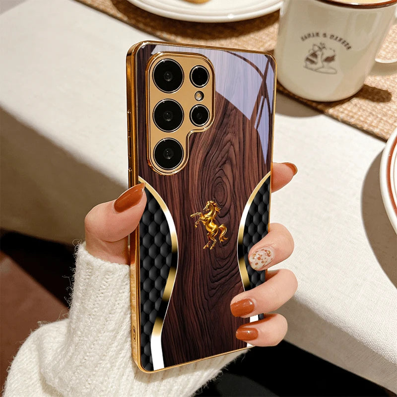 Luxury elegant phone case with gold coating, designed for smartphones, featuring a stylish and sophisticated appearance.