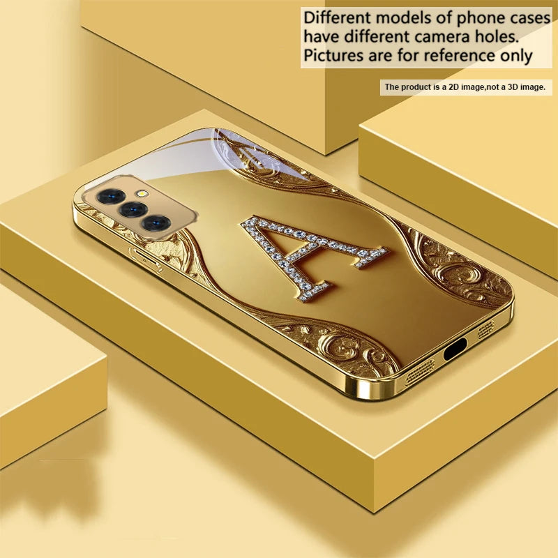 Golden crystal phone case with diamond accents for Samsung Galaxy S series, featuring elegant, sparkling protective design.