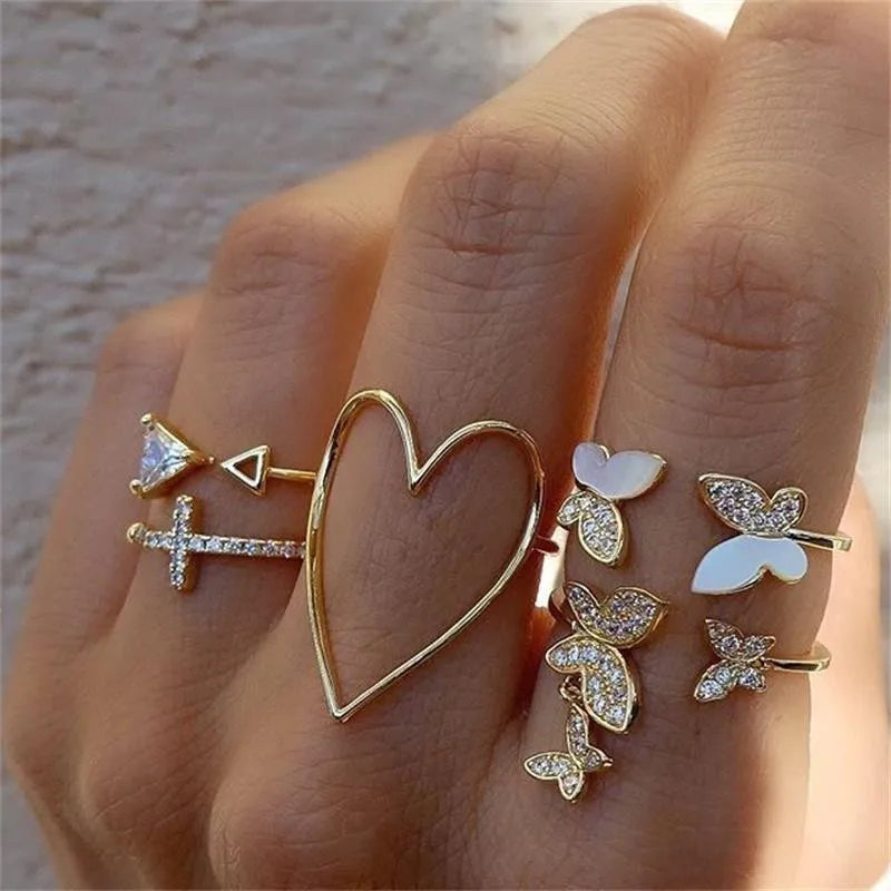 Conjunto Anillos Bohemios Circon Mujer | Modyle | Flor Luna Amor (Dorado)