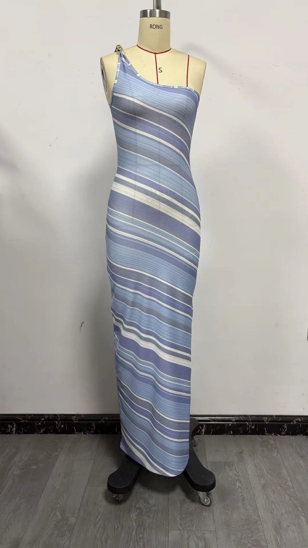 Striped fitted mini dress for women by Corporación Turística, featuring a single shoulder design and stylish silhouette.