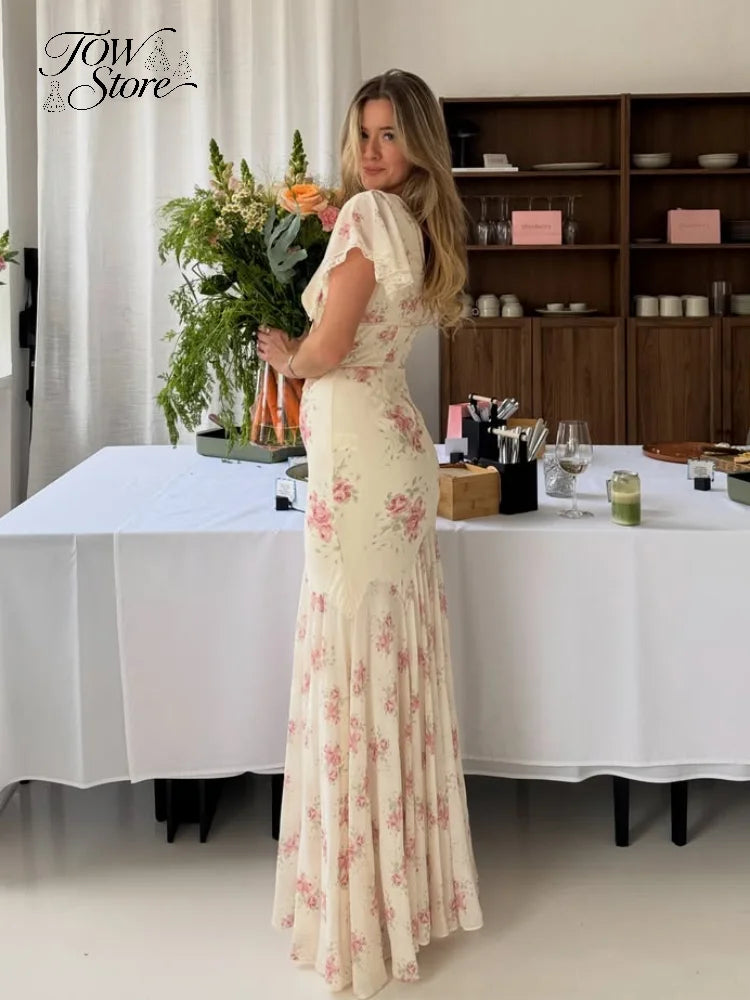 Vestido Largo Floral Volantes Cuello V Elegante Casual Verano Dama