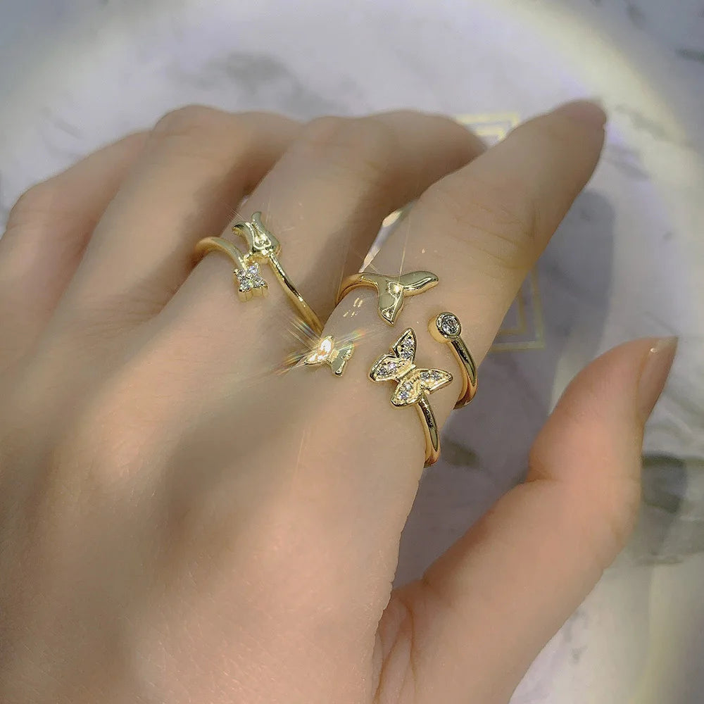 Anillos Mariposa Sirena Dorados Mujer 14K - Joyería de Cristal Elegante