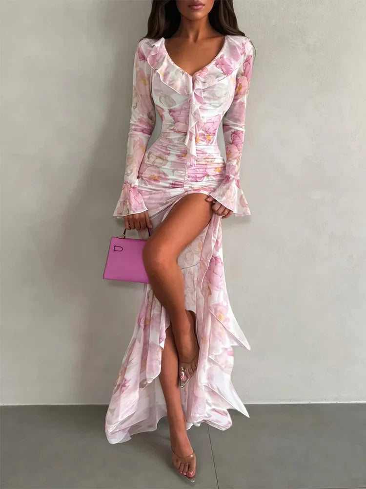 Vestido Largo Floral Volantes Cuello V Elegante Casual Verano Dama