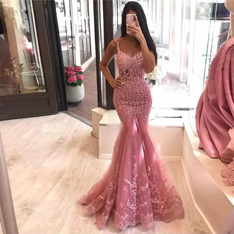 Vestidos de Noche Sirena Encaje Perlas Largos Graduación Fiesta