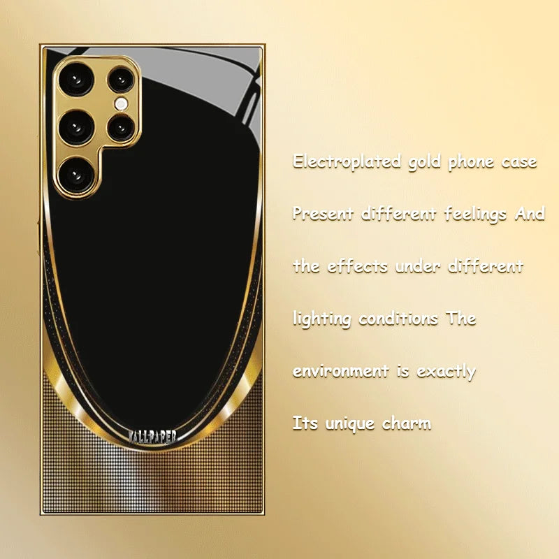 Black phone case with gold border and intricate pattern, designed for smartphones, by Corporación Turística.