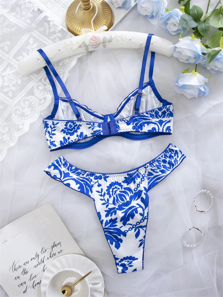 Blue floral print women's lingerie set featuring matching bra and panties from Corporación Turística.