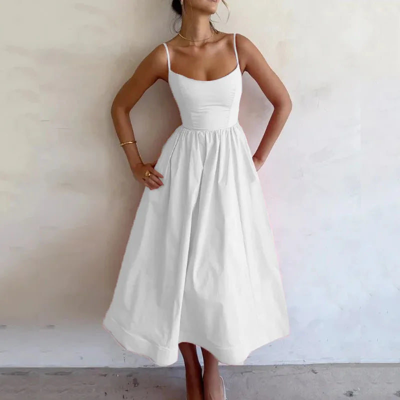 Vestido Midi Rosa Vacaciones Mujer 2026 Elegante Tirantes Finos Línea A