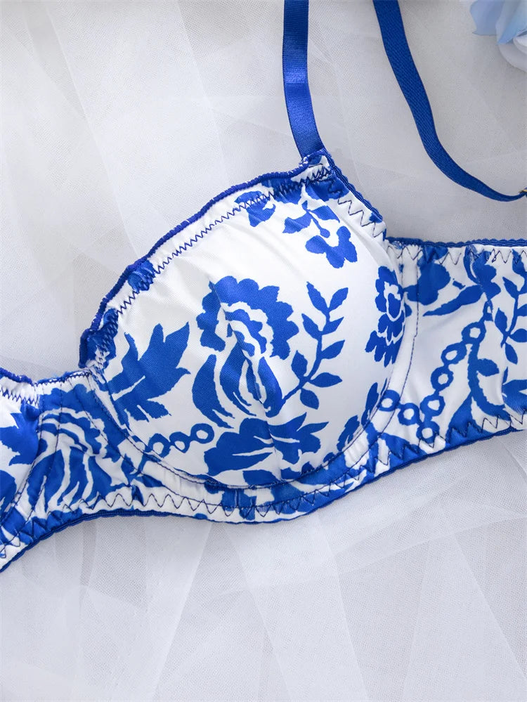 Blue floral print women's lingerie set with matching bra and panties from Corporación Turística.