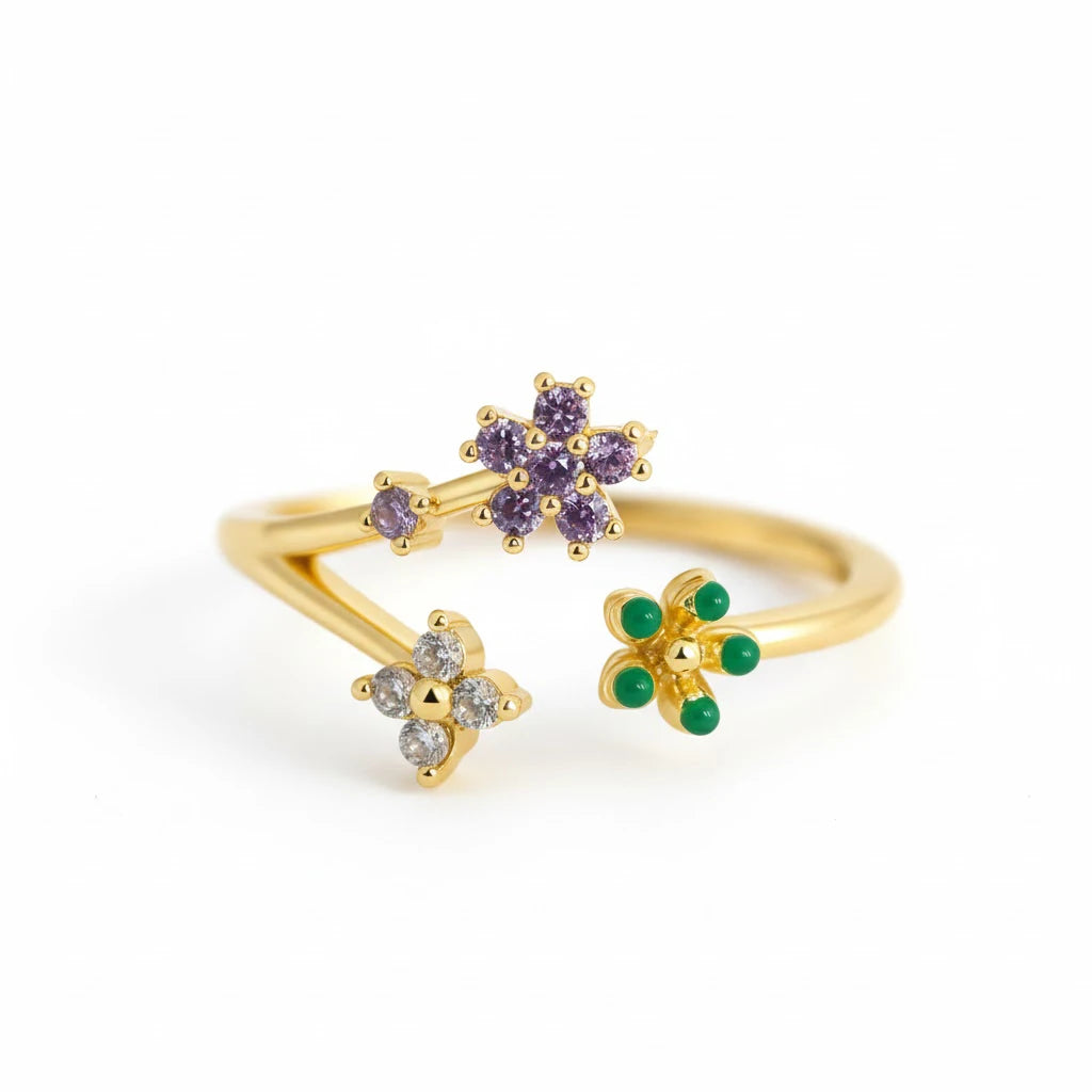 Anillo Flor Circon Colorido Ajustable - Joyería Vintage para Mujer