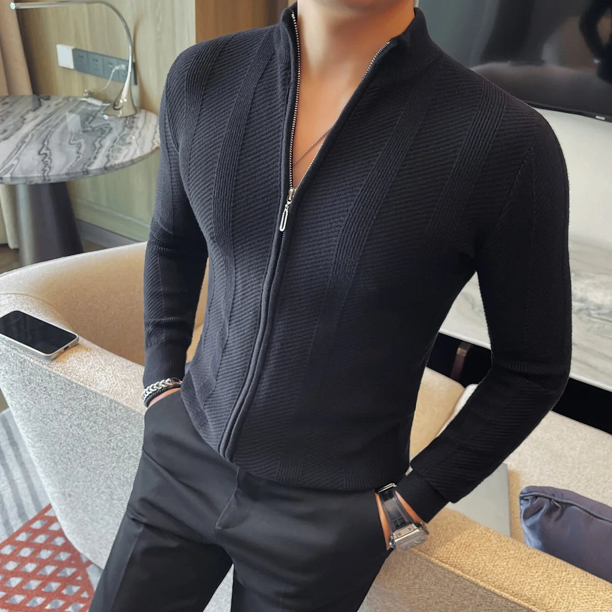 Suéter Cardigan Hombre Cuello Alto Cremallera Cálido Invierno