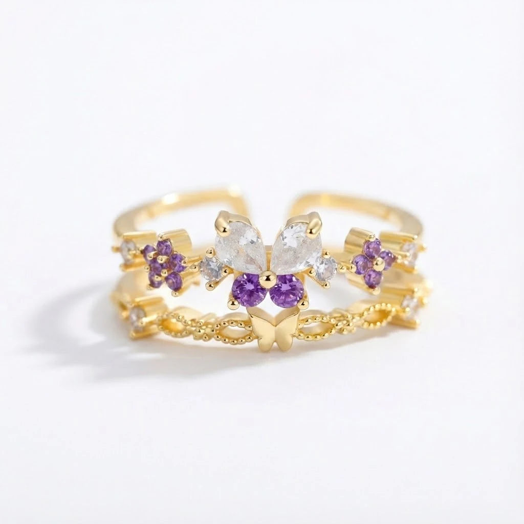 Anillo Flor Circon Colorido Ajustable - Joyería Vintage para Mujer