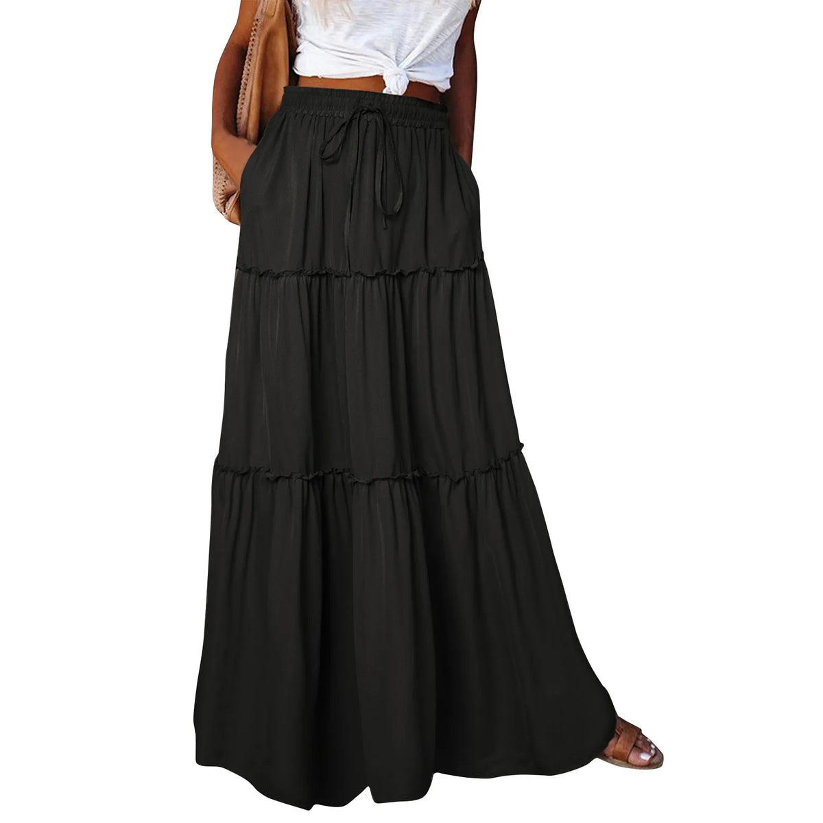 Long solid color women's skirt with elastic waistband, casual style, shown in the product image.