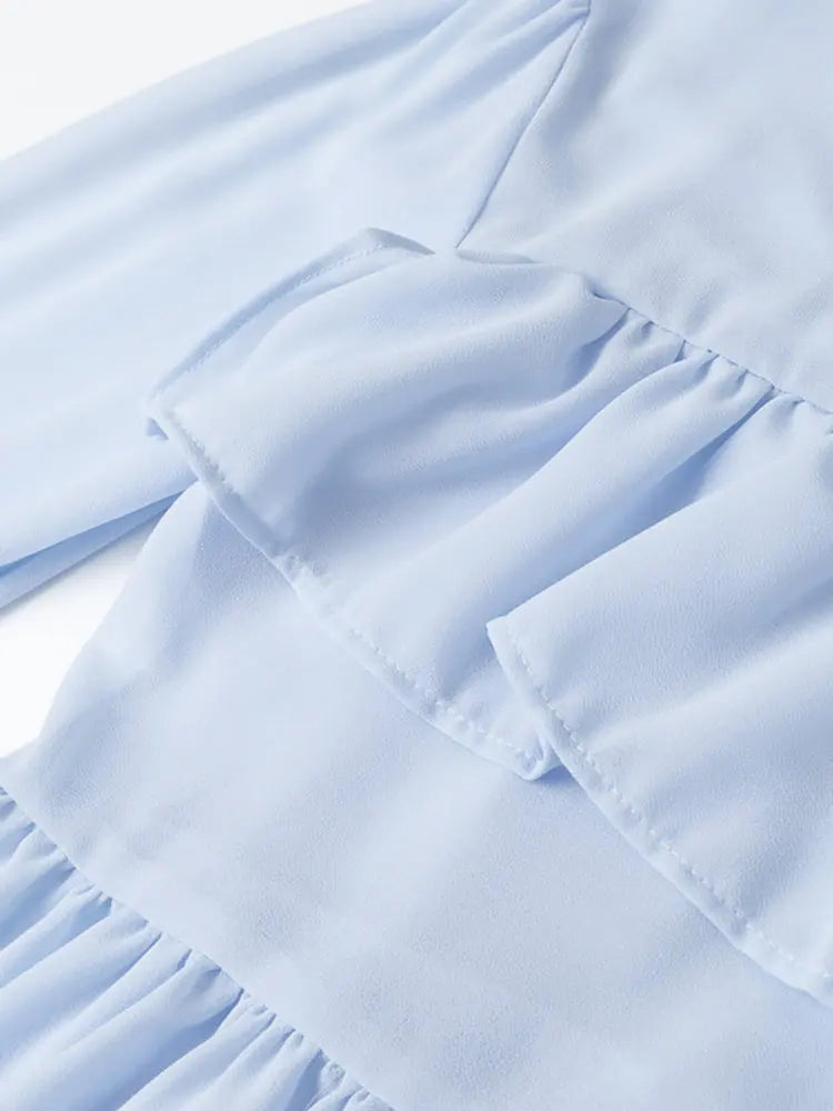 Blusa Gasa Azul Vintage Mujer 2026: Mangas Holgadas con Volantes