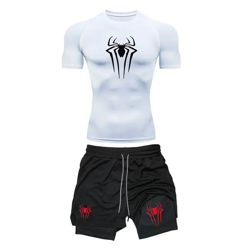 Conjunto de compresión de entrenamiento para hombre, camisetas de gimnasio con estampado de araña Y2K, pantalones cortos transpirables para correr, conjunto de ropa deportiva de secado rápido con protección contra sarpull