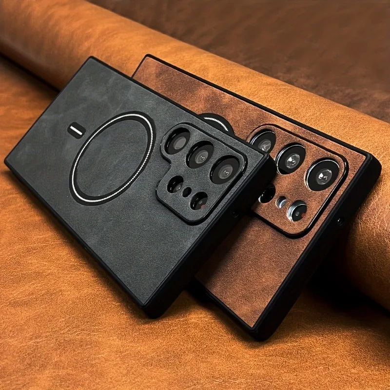 Leather PU magnetic phone case by Corporación Turística, showing the sleek exterior and magnetic closure for mobile protection.