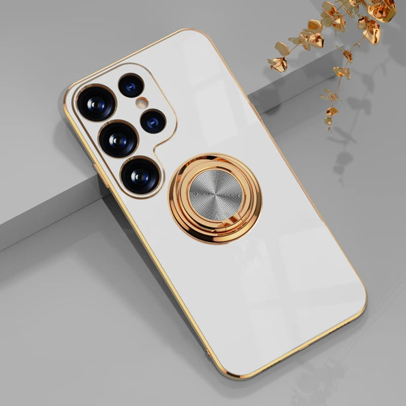 Metal ring phone case with built-in support, featuring a shiny metallic finish for secure grip and hands-free viewing.